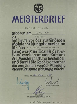 Meisterbrief Kraftfahrzeugmechaniker-Handwerk von Ralf Griesche