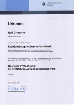 Urkunde der Handwerkskammer Koblenz zur Meisterprüfung von Ralf Griesche