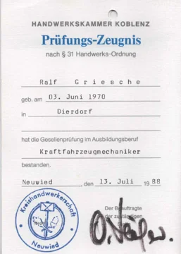 Prüfungszeugnis der Gesellenprüfung zum Kraftfahrzeugmechaniker von Ralf Griesche